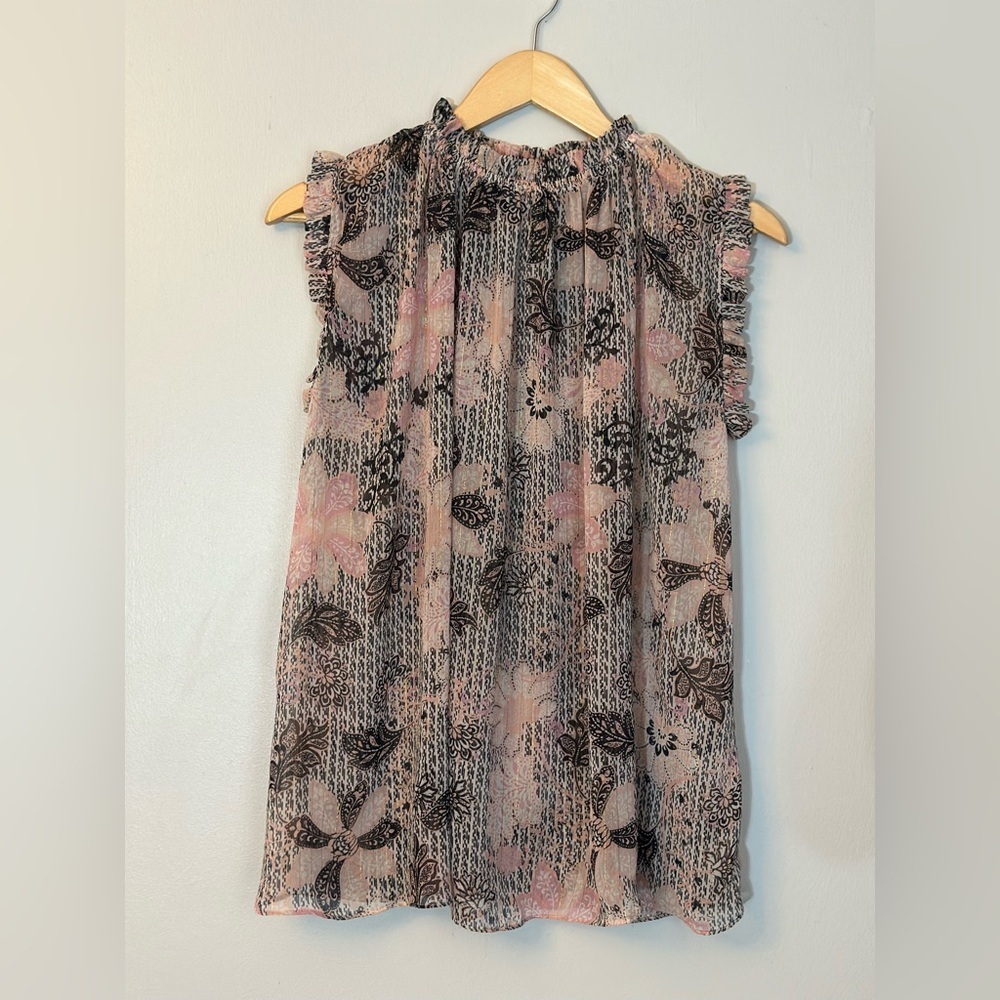 Floral Ruffle Sleeveless Blouse - Pink/Black Sheer Y2K Size Small